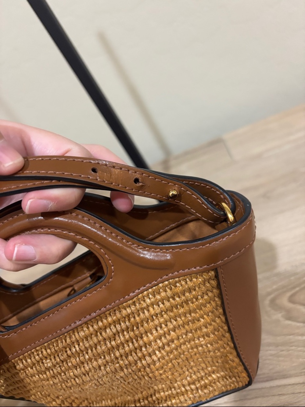 Marni Brown Leather & Straw Mini Tote with Black Logo - Picture 6 of 6
